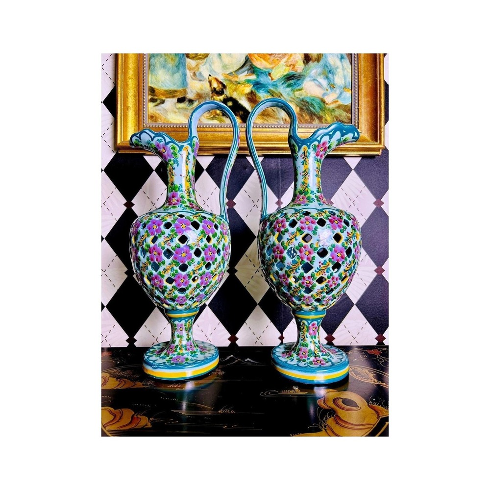 Reticulated Ewers Signed‎ Portugal 1871 J. Leonardo Handpainted Ceramic Pair 15"